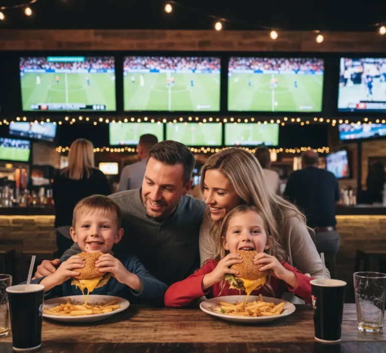 Family eating burgers