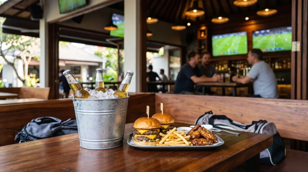 sports bar in Seminyak cold beer buckets and burger dinner at Nirvana Sports Bar