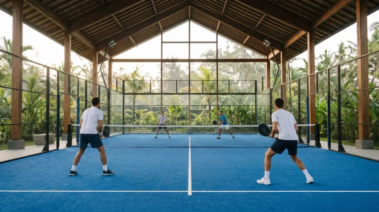 play sports in Bali modern covered padel court with active players in tropical setting